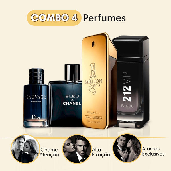 Combo 4 Perfumes Masculinos Importados (100ml) - 1 million +212 Vip +Sauvage +Bleu -